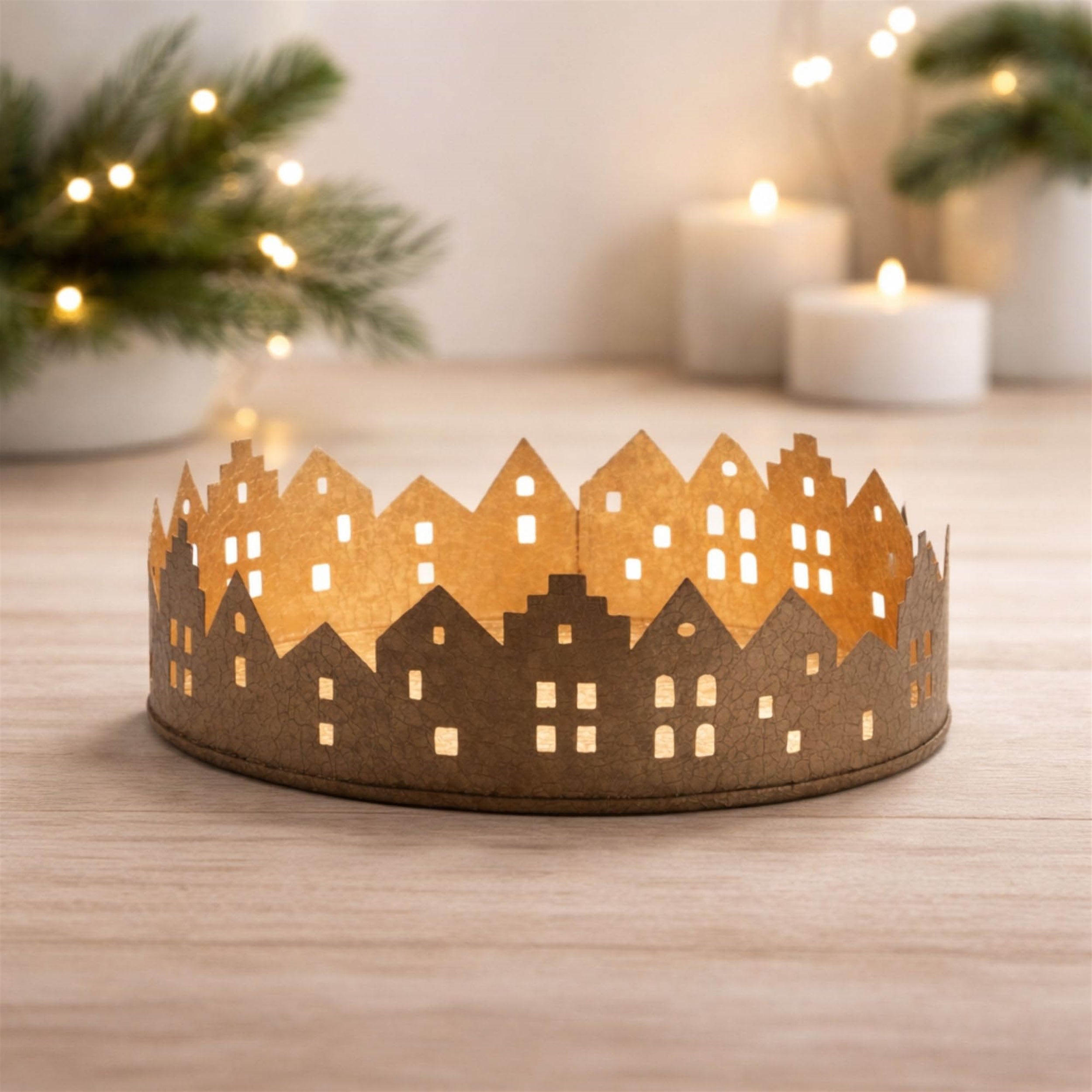 Cut Metal Village Candle Holder 9.75"D