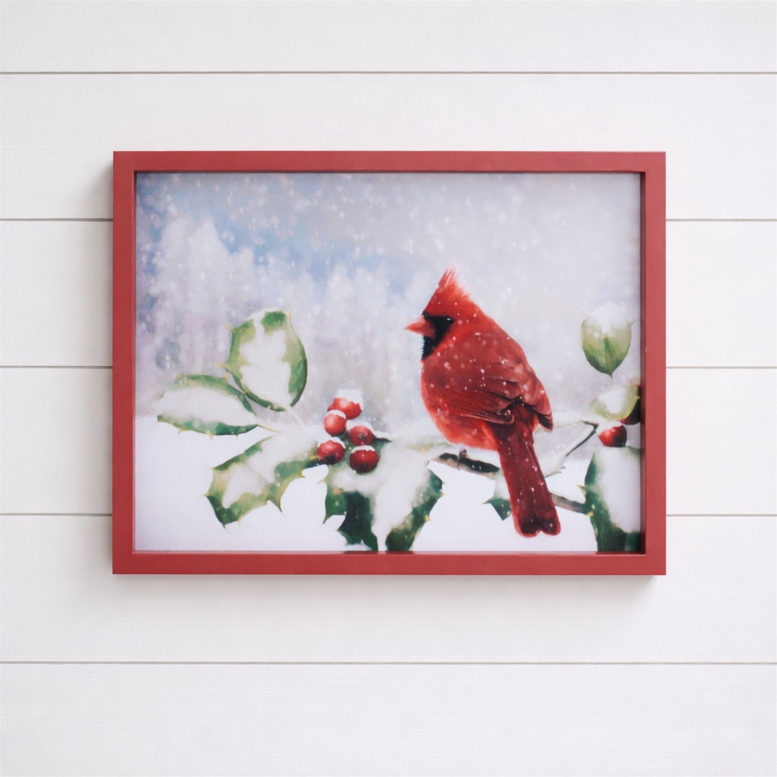 Framed Cardinal and Holly Winter Wall Art 15.5"L