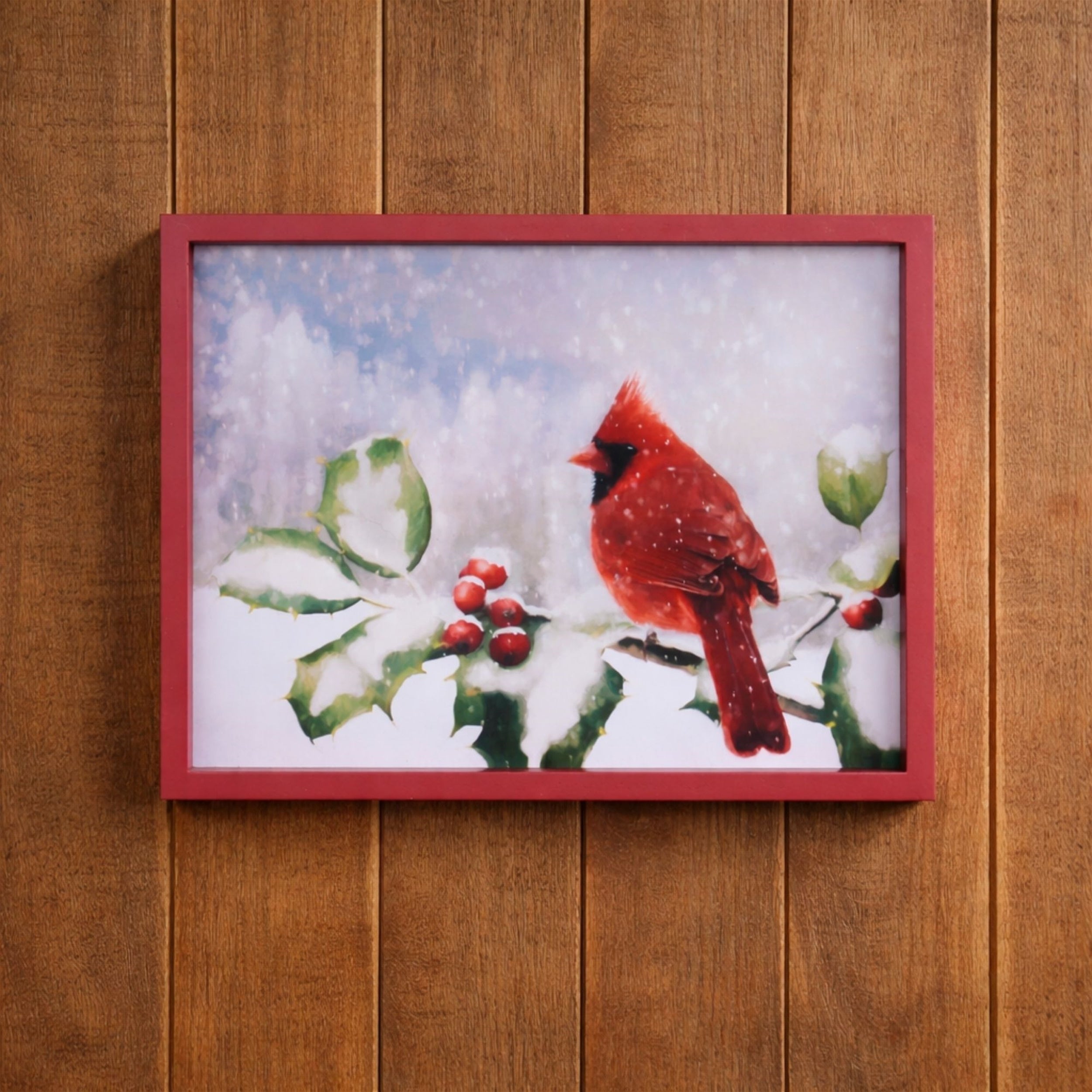 Framed Cardinal and Holly Winter Wall Art 15.5"L