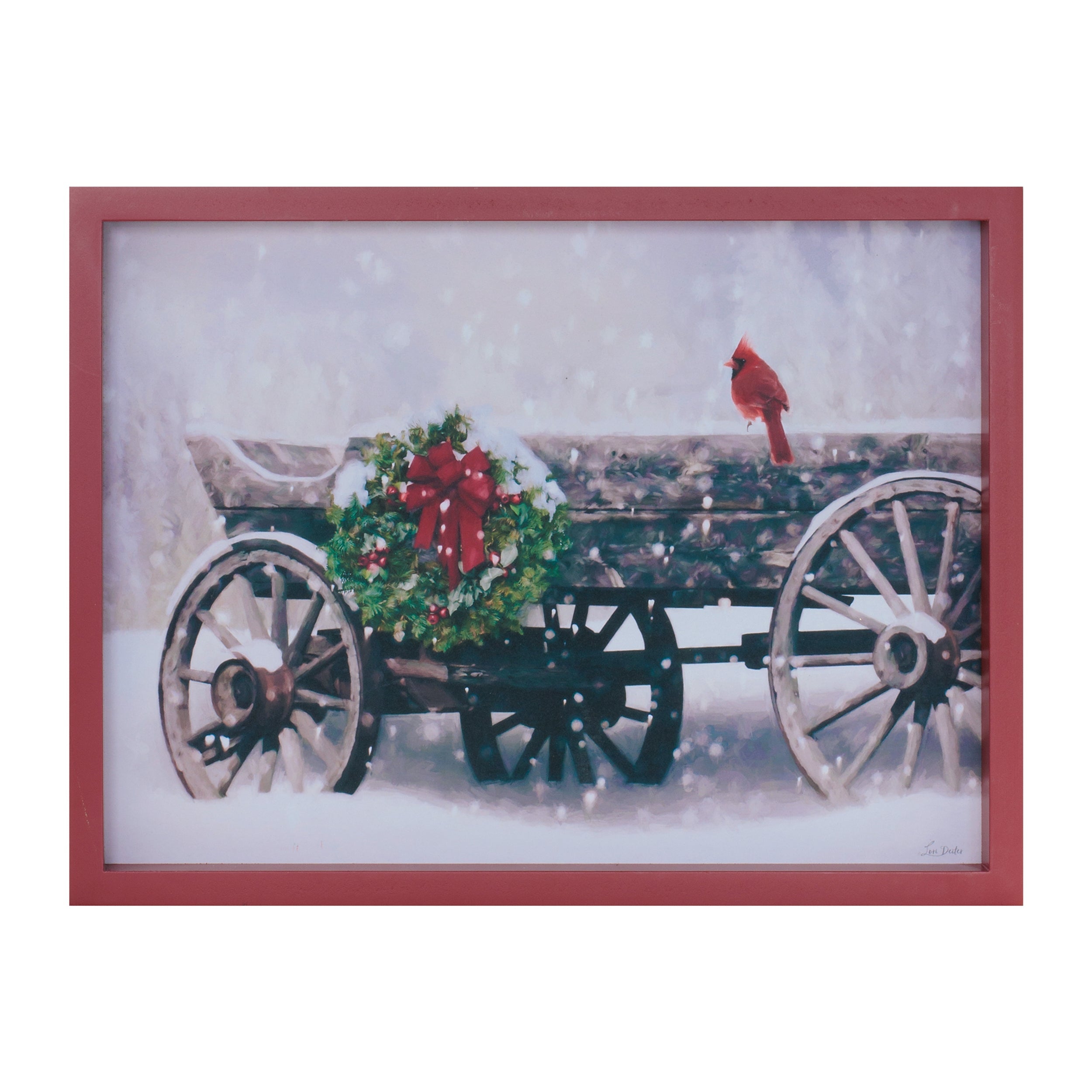 Framed Cardinal and Christmas Wagon Wall Art 15.5"L