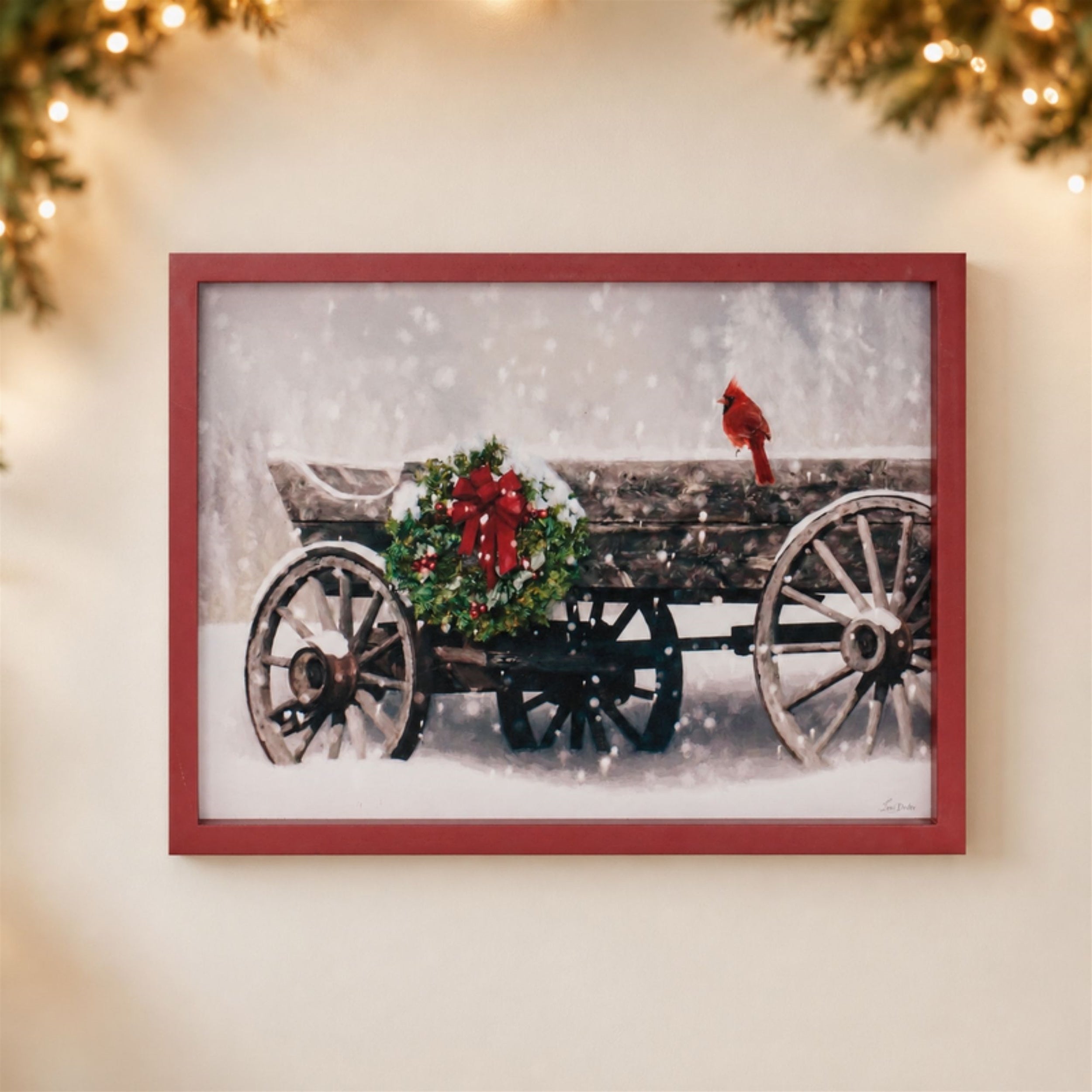 Framed Cardinal and Christmas Wagon Wall Art 15.5"L