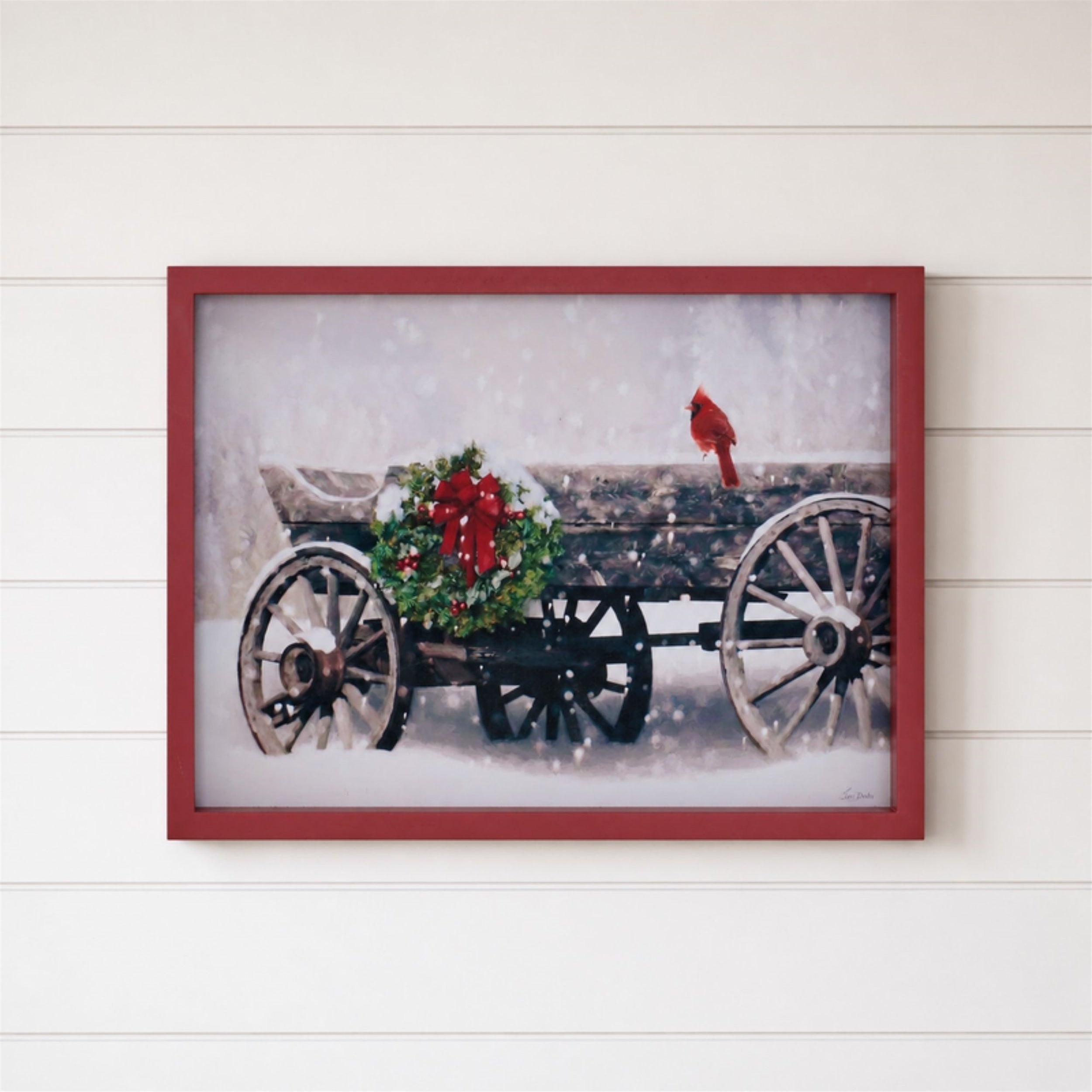 Framed Cardinal and Christmas Wagon Wall Art 15.5"L