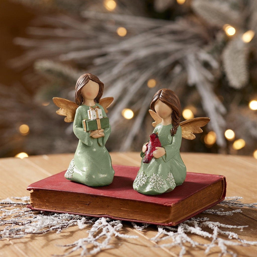 Green Angel Figurines with Gifts and Cardinal (Set of 6)