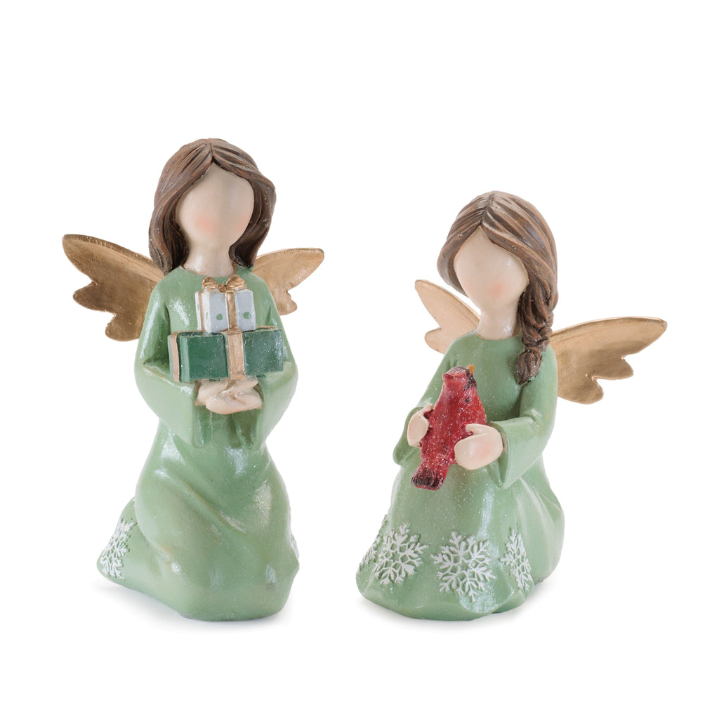 Green Angel Figurines with Gifts and Cardinal (Set of 6)
