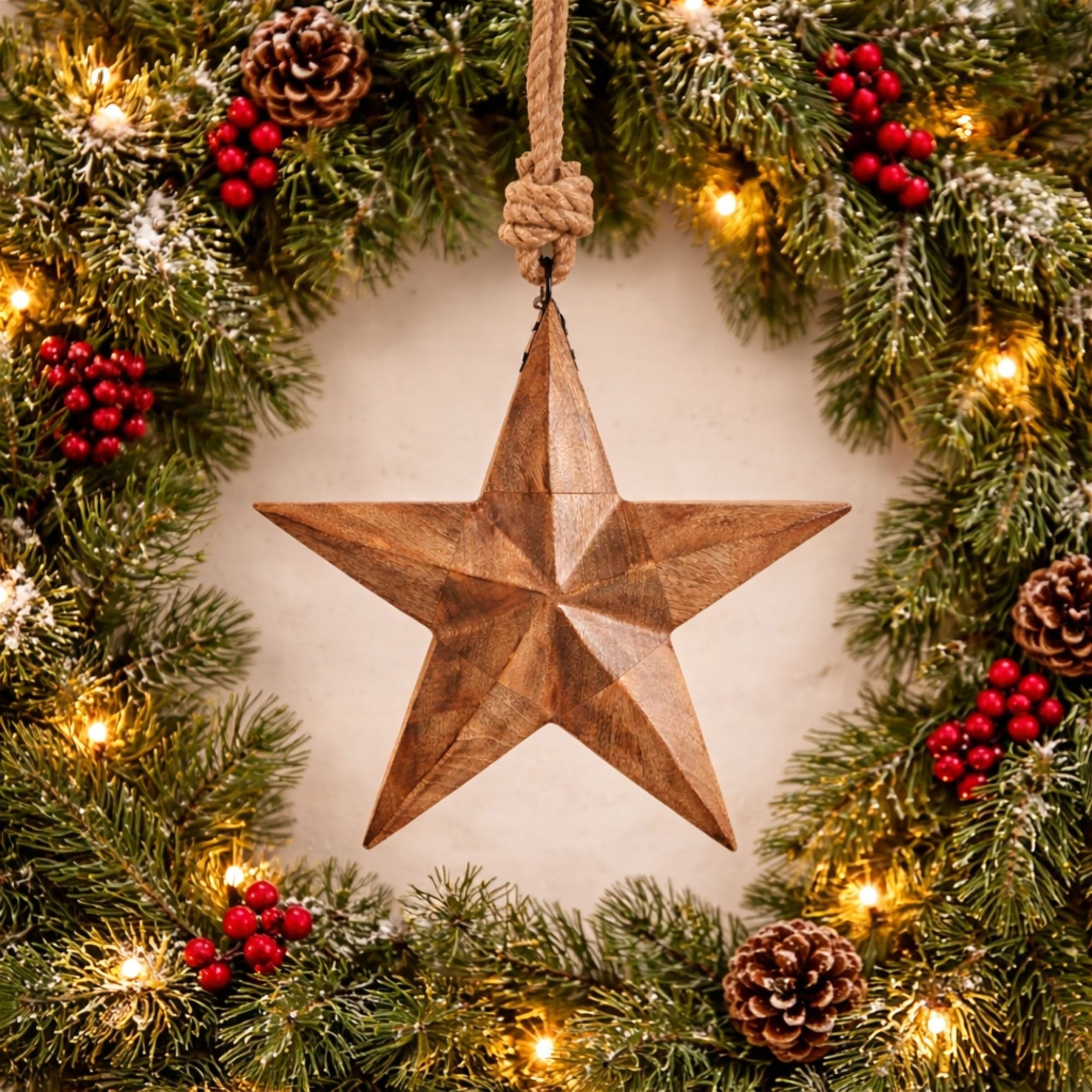 Wood and Jute Star Ornament 14.75"H
