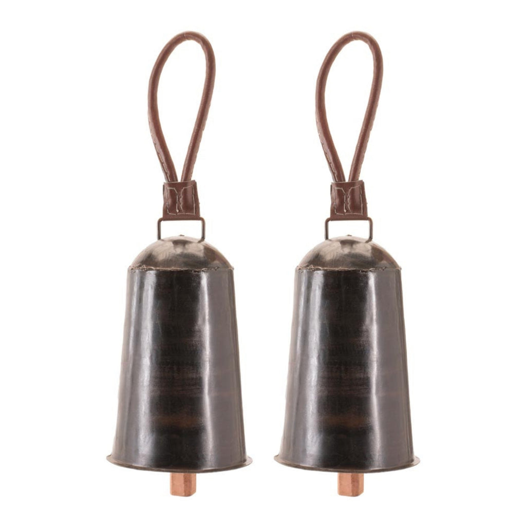 Rustic Iron Hanging Bell with Leather Strap (Set of 2)