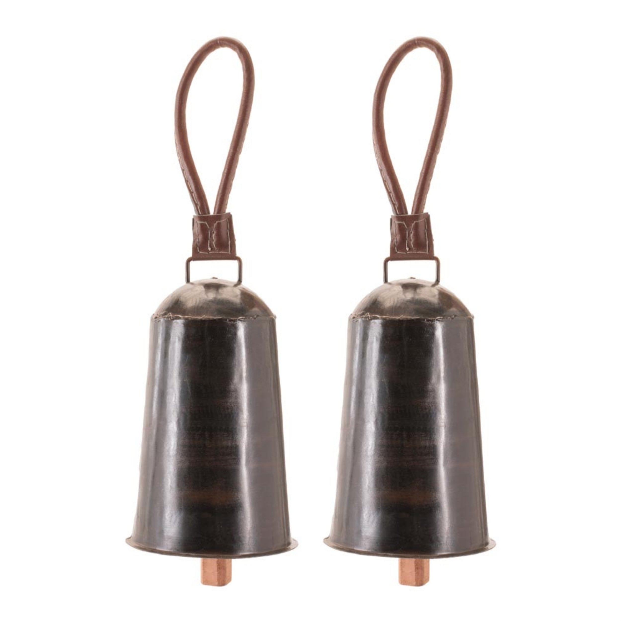 Rustic Iron Hanging Bell with Leather Strap (Set of 2)