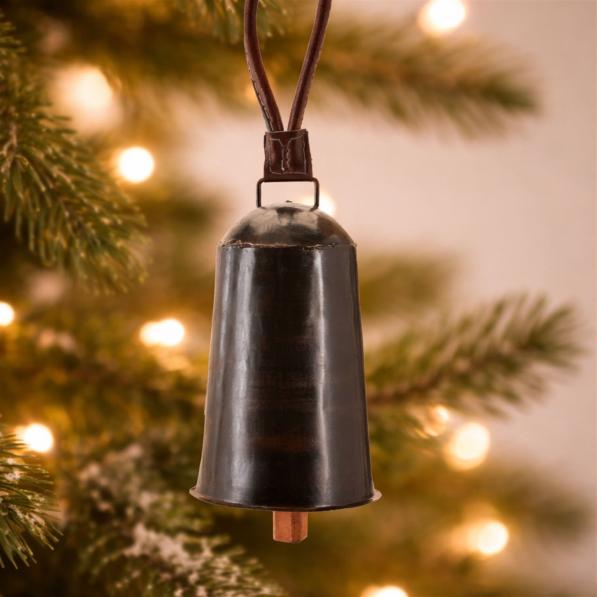 Rustic Iron Hanging Bell with Leather Strap (Set of 2)