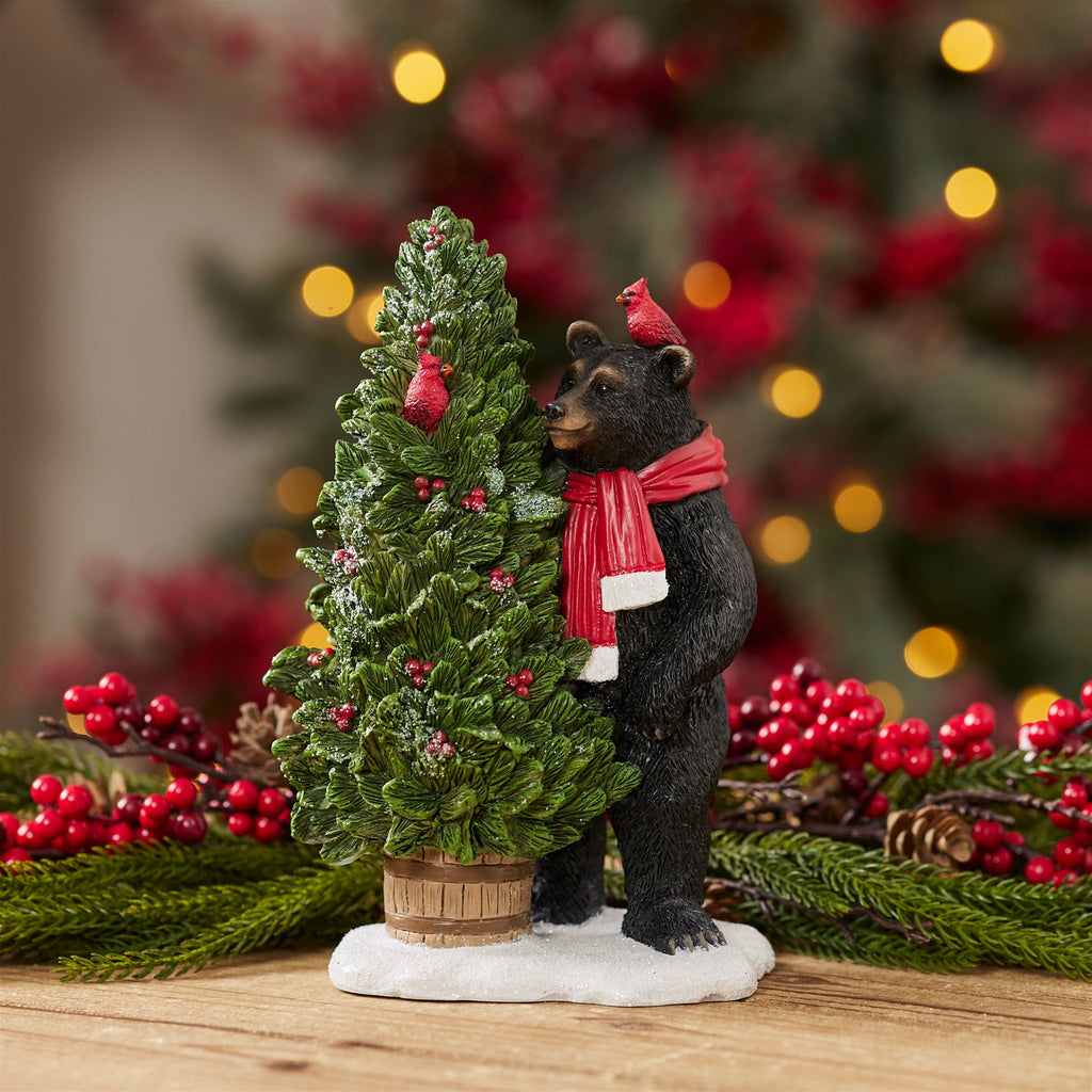 Bear with Christmas Tree and Cardinals Figurines (Set of 2)