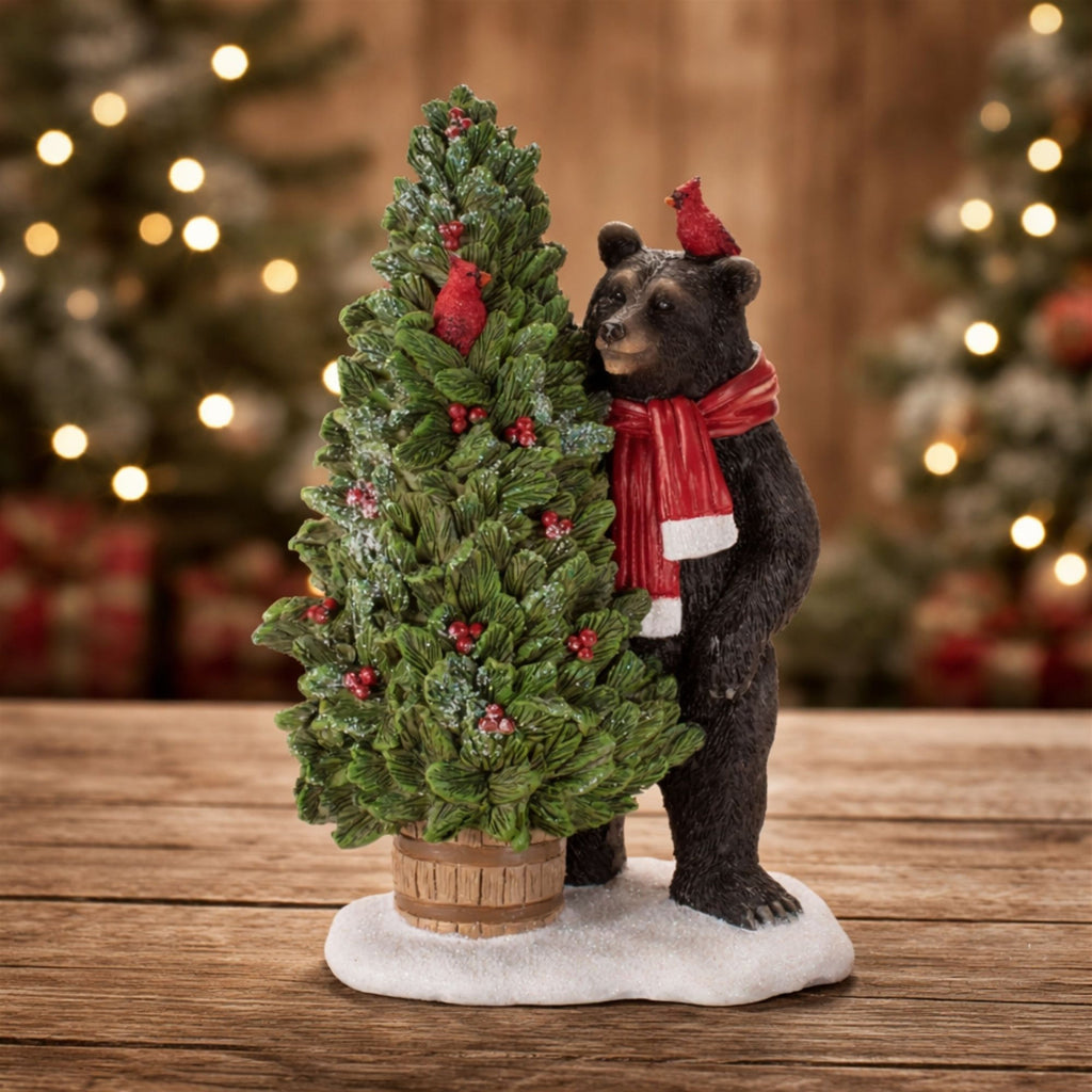Bear with Christmas Tree and Cardinals Figurines (Set of 2)