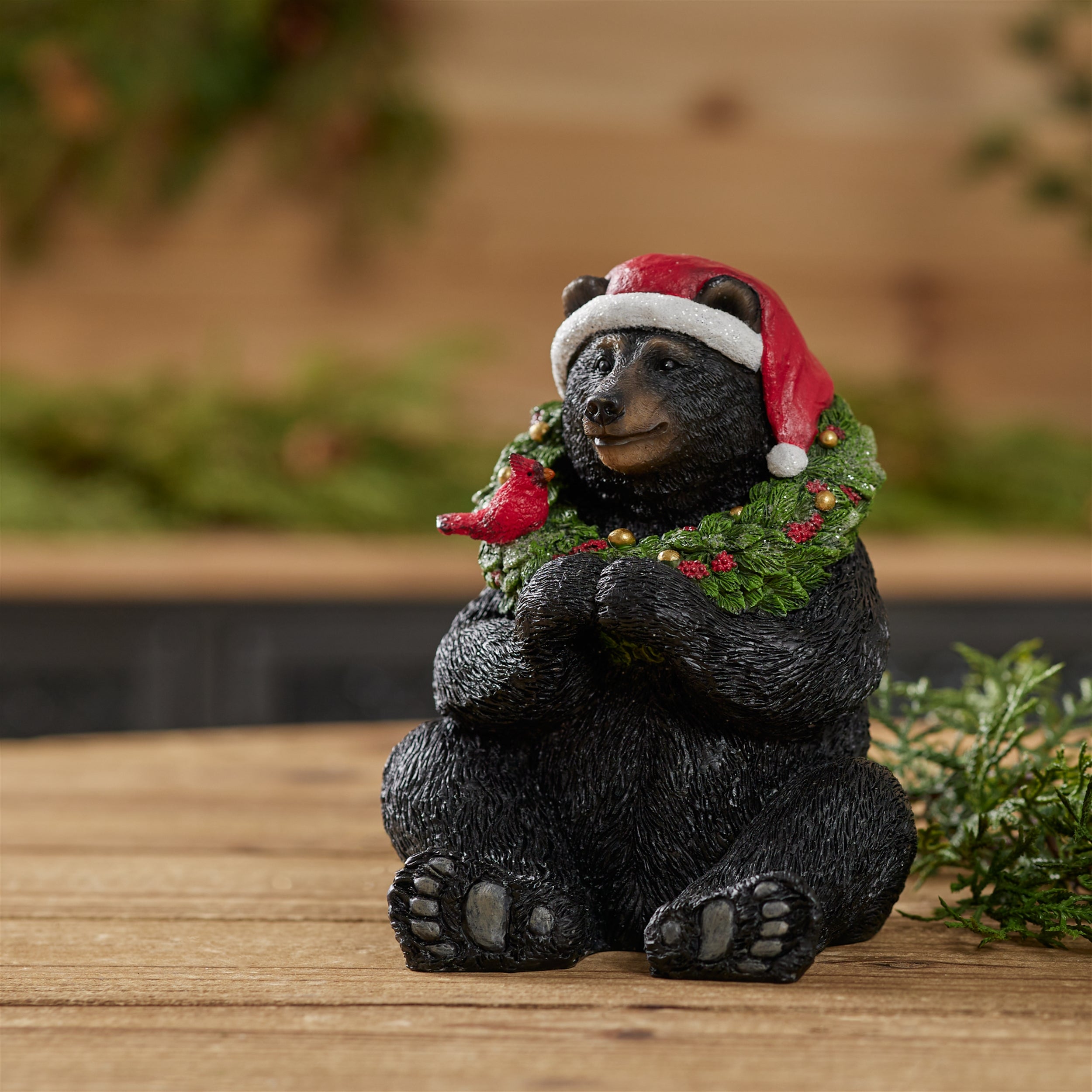 Holiday Black Bear with Santa Hat 7"H