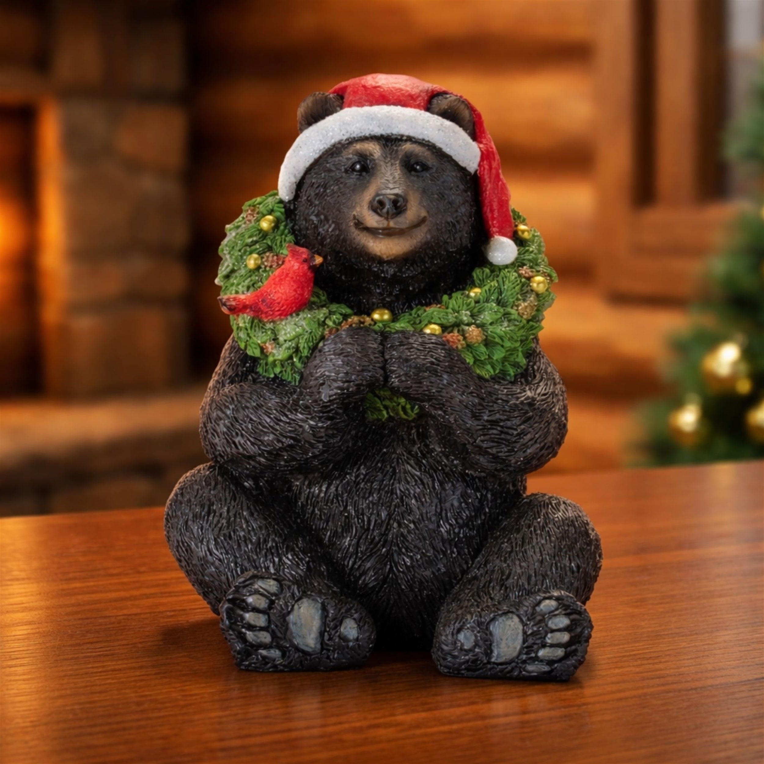 Holiday Black Bear with Santa Hat 7"H
