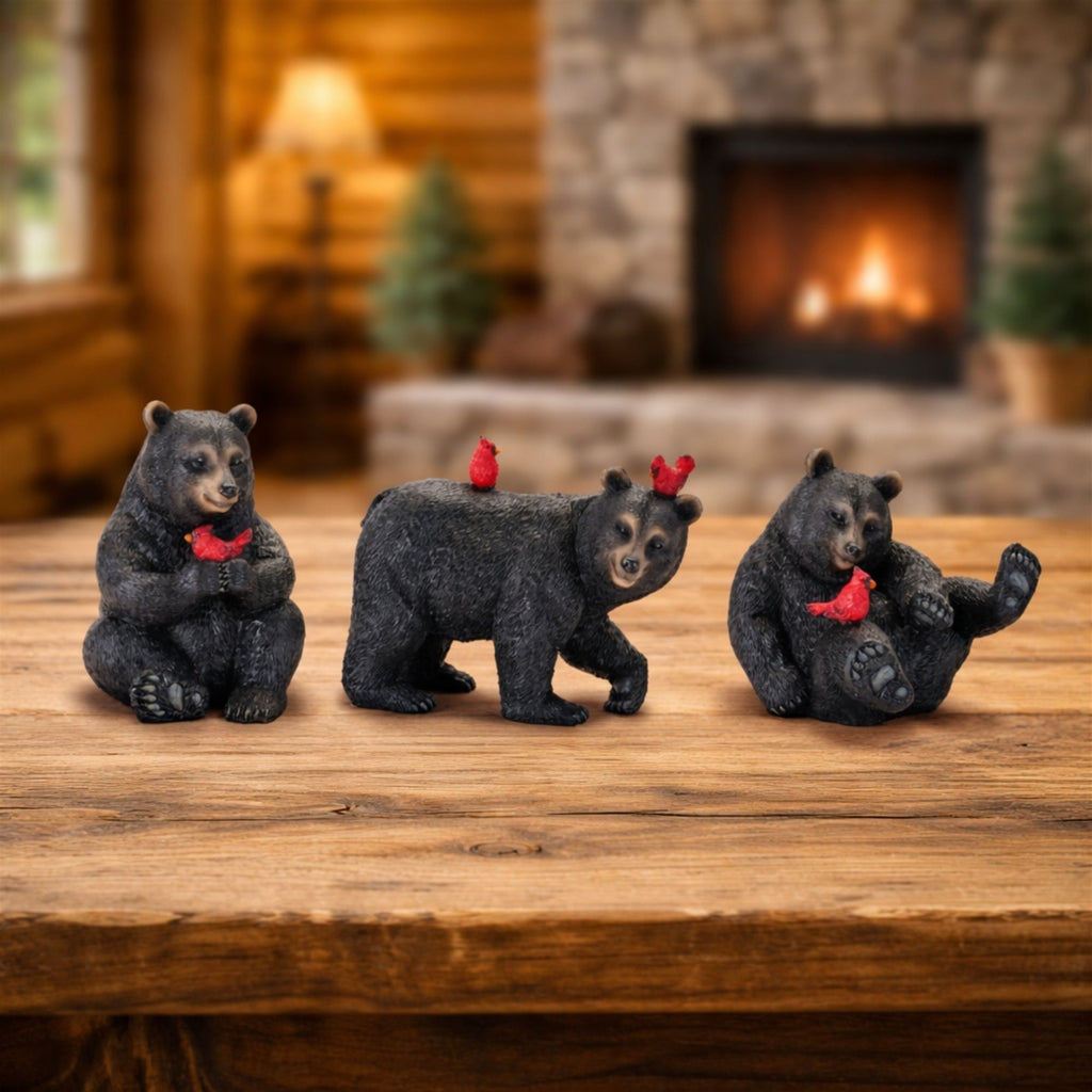 Black Bear with Cardinal Birds (Set of 3)