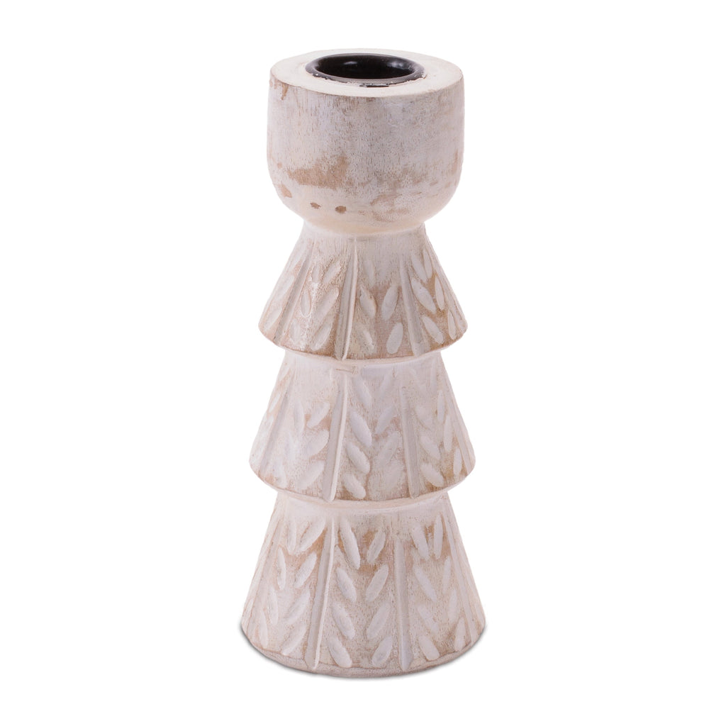 White Washed Wood Taper Candle Holder (Set of 2)