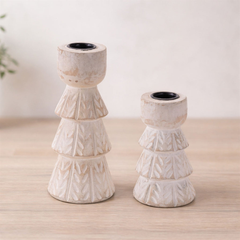 White Washed Wood Taper Candle Holder (Set of 2)