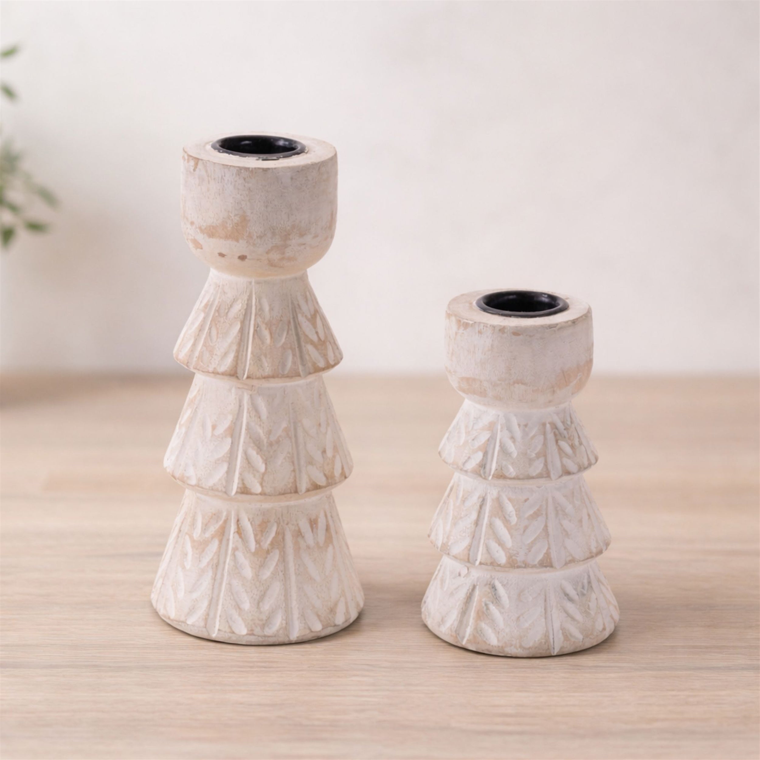 White Washed Wood Taper Candle Holder (Set of 2)