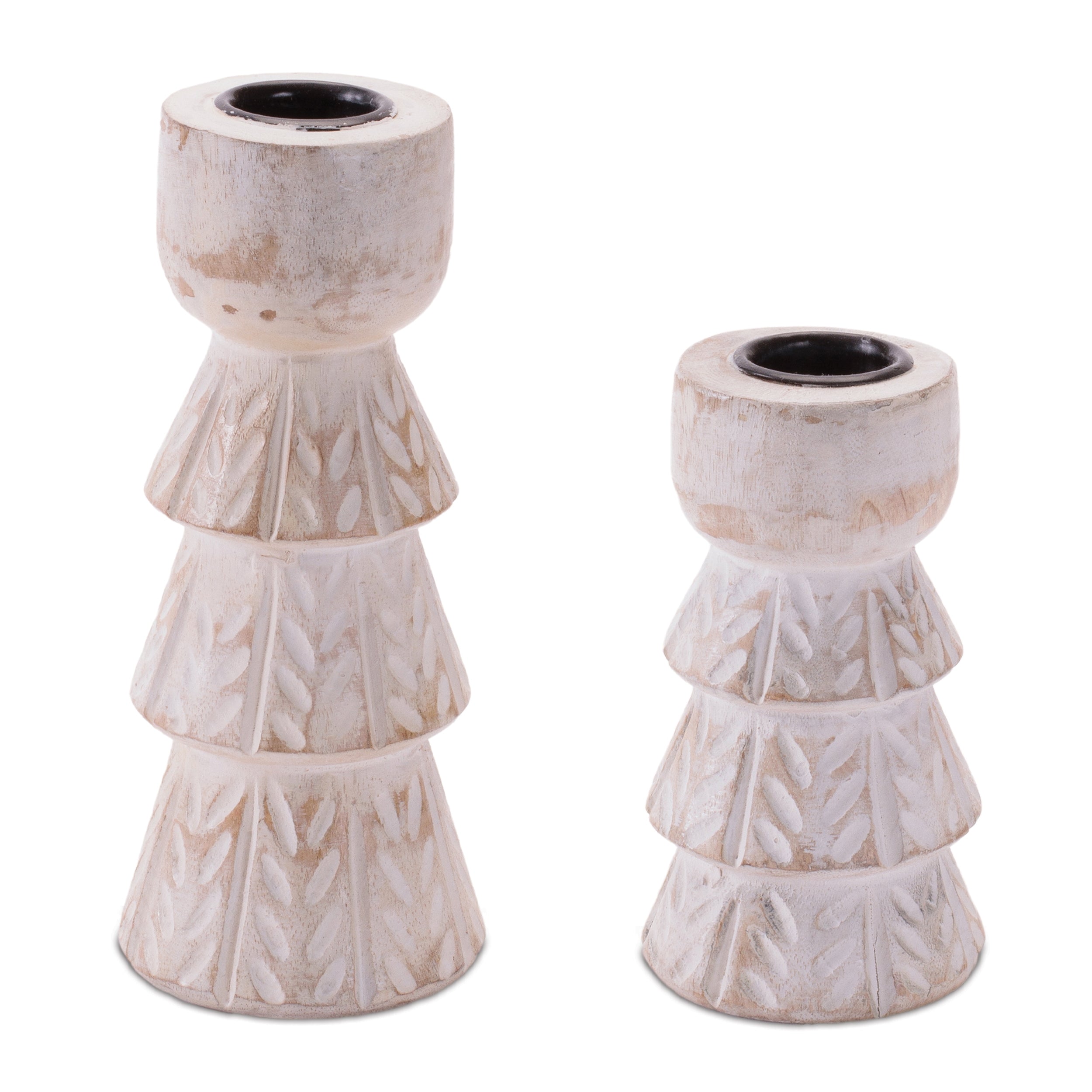 White Washed Wood Taper Candle Holder (Set of 2)