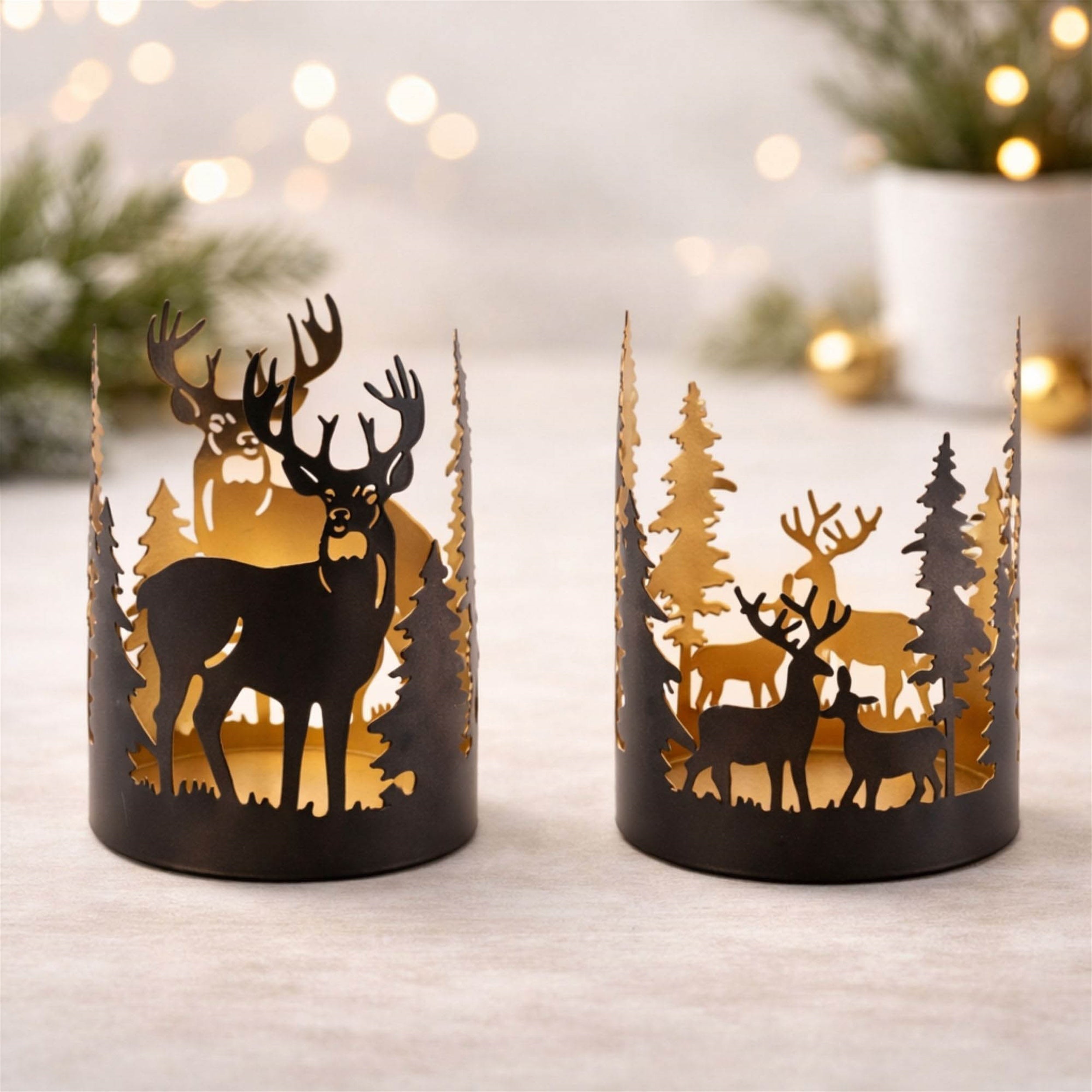 Cut Metal Deer and Forest Candle Holder (Set of 2)