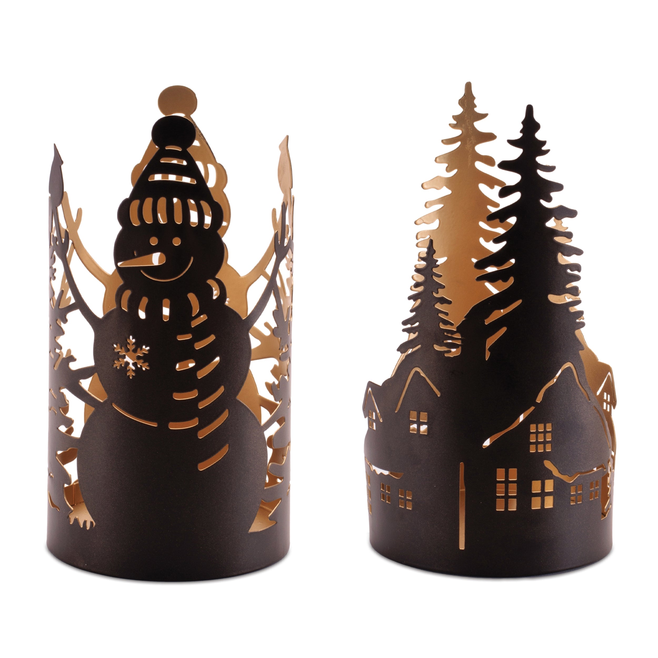 Cut Metal Snowman and Cabin Candle Holder (Set of 2)
