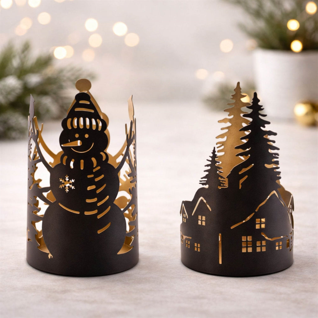 Cut Metal Snowman and Cabin Candle Holder (Set of 2)