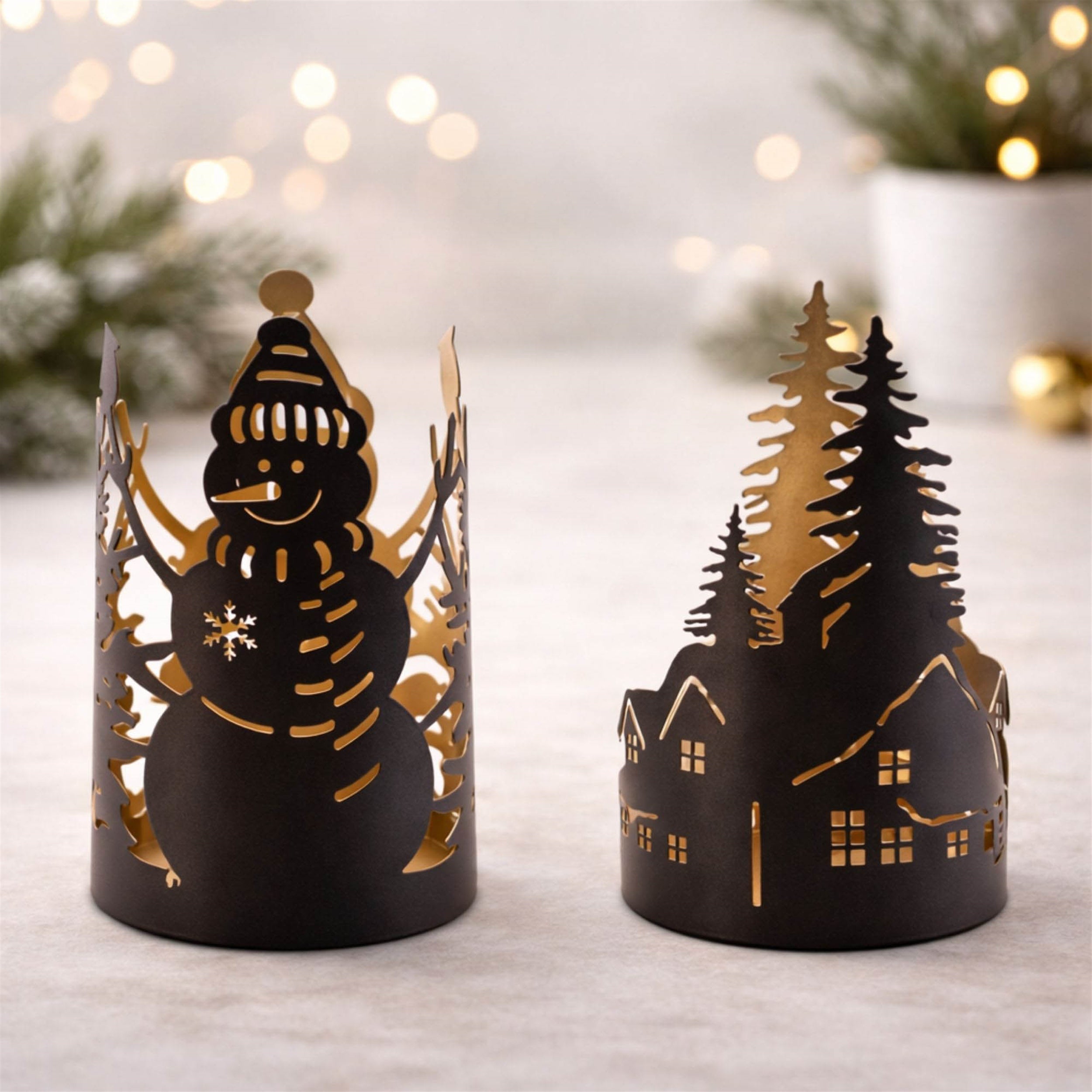 Cut Metal Snowman and Cabin Candle Holder (Set of 2)