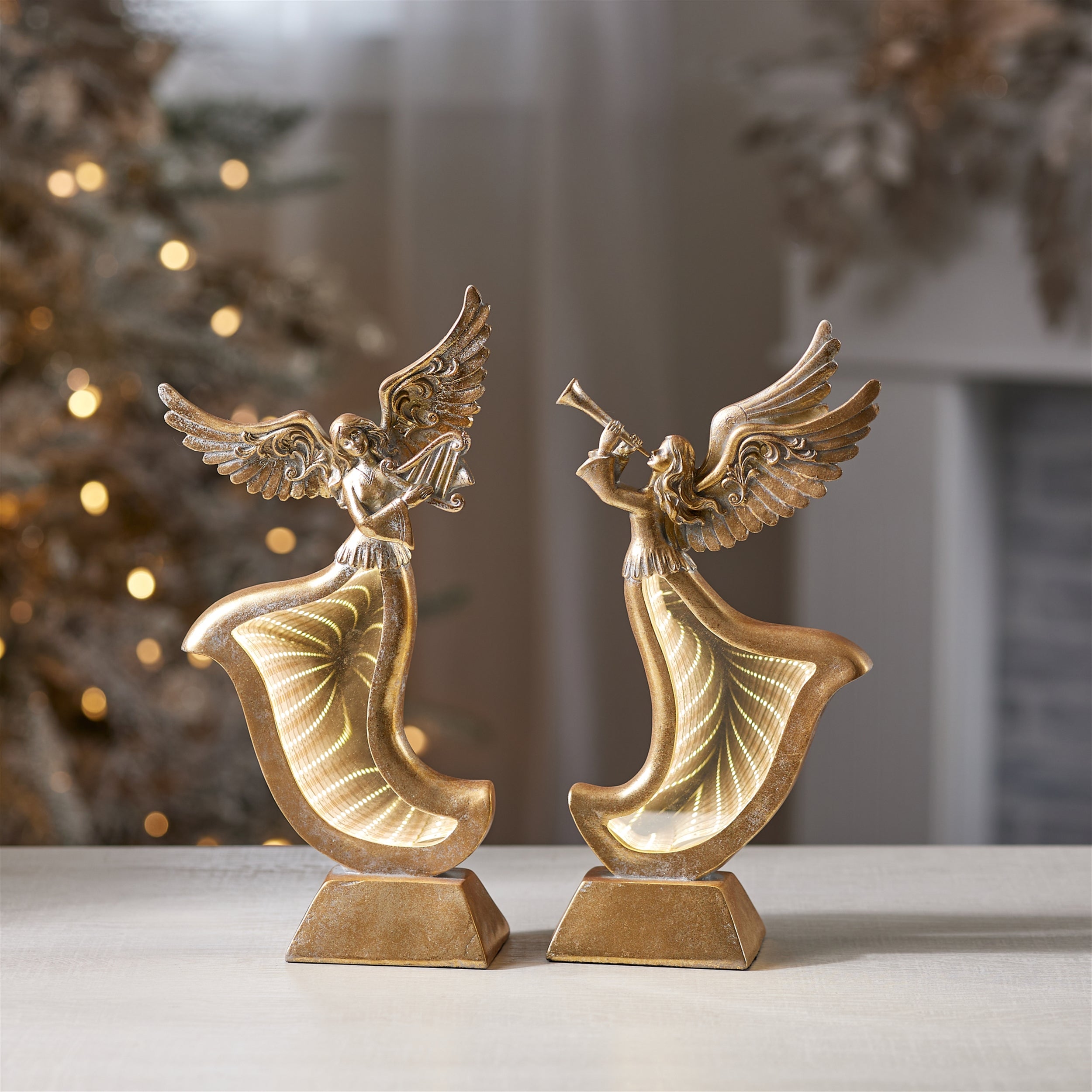 Gold Angel Figurines with Ekkolight Dress (Set of 2)
