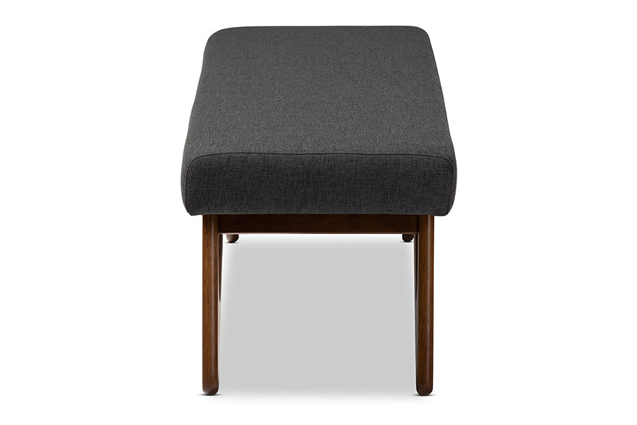 Baxton Studio Rika Mid-Century Modern Dark Grey Fabric Upholstered Walnut Brown Finished Boomerang Bench