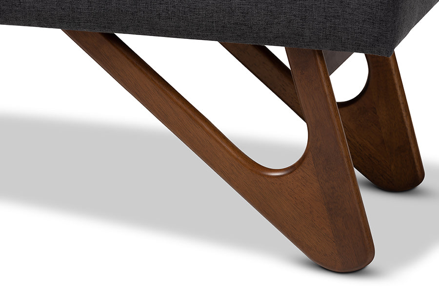 Baxton Studio Rika Mid-Century Modern Dark Grey Fabric Upholstered Walnut Brown Finished Boomerang Bench