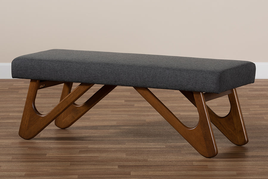 Baxton Studio Rika Mid-Century Modern Dark Grey Fabric Upholstered Walnut Brown Finished Boomerang Bench