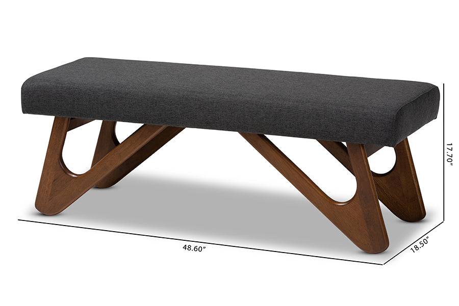 Baxton Studio Rika Mid-Century Modern Dark Grey Fabric Upholstered Walnut Brown Finished Boomerang Bench