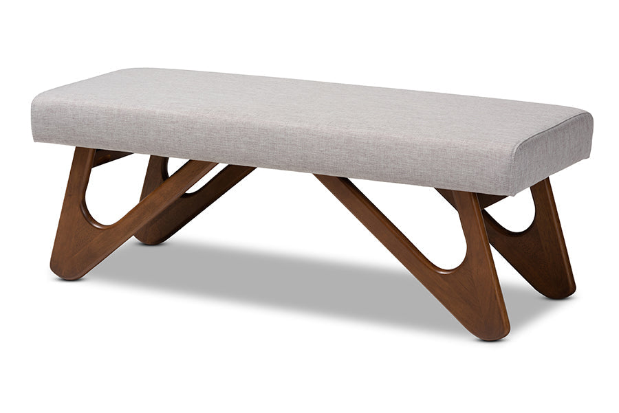 Baxton Studio Rika Mid-Century Modern Greyish Beige Fabric Upholstered Walnut Brown Finished Boomerang Bench