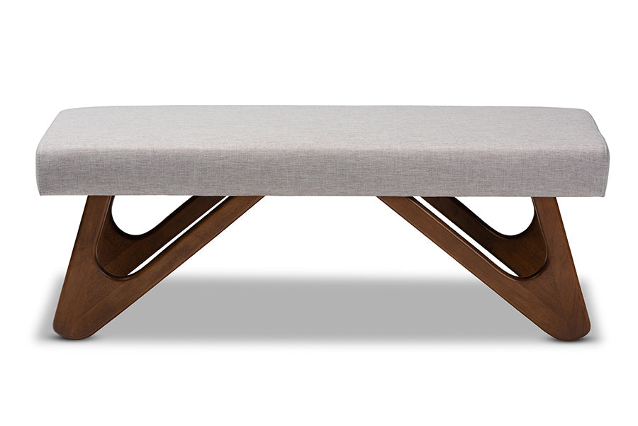 Baxton Studio Rika Mid-Century Modern Greyish Beige Fabric Upholstered Walnut Brown Finished Boomerang Bench