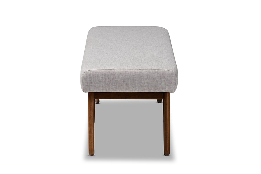 Baxton Studio Rika Mid-Century Modern Greyish Beige Fabric Upholstered Walnut Brown Finished Boomerang Bench