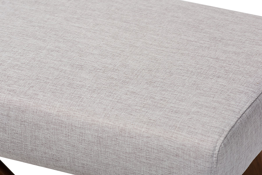Baxton Studio Rika Mid-Century Modern Greyish Beige Fabric Upholstered Walnut Brown Finished Boomerang Bench