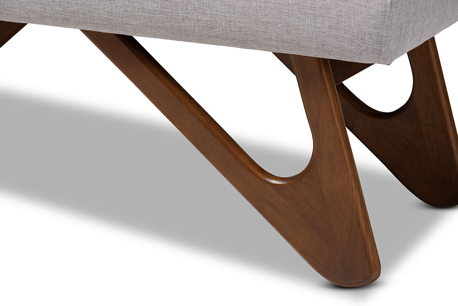 Baxton Studio Rika Mid-Century Modern Greyish Beige Fabric Upholstered Walnut Brown Finished Boomerang Bench