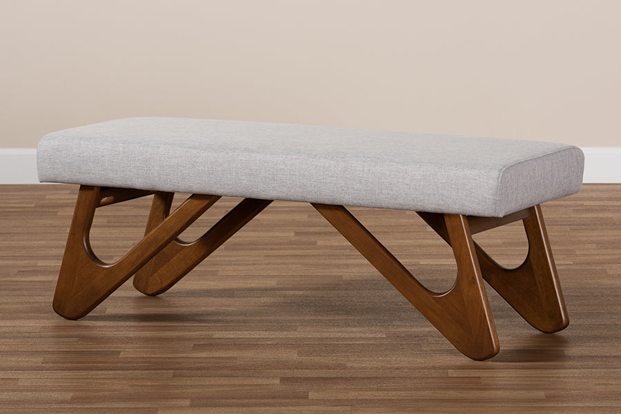 Baxton Studio Rika Mid-Century Modern Greyish Beige Fabric Upholstered Walnut Brown Finished Boomerang Bench