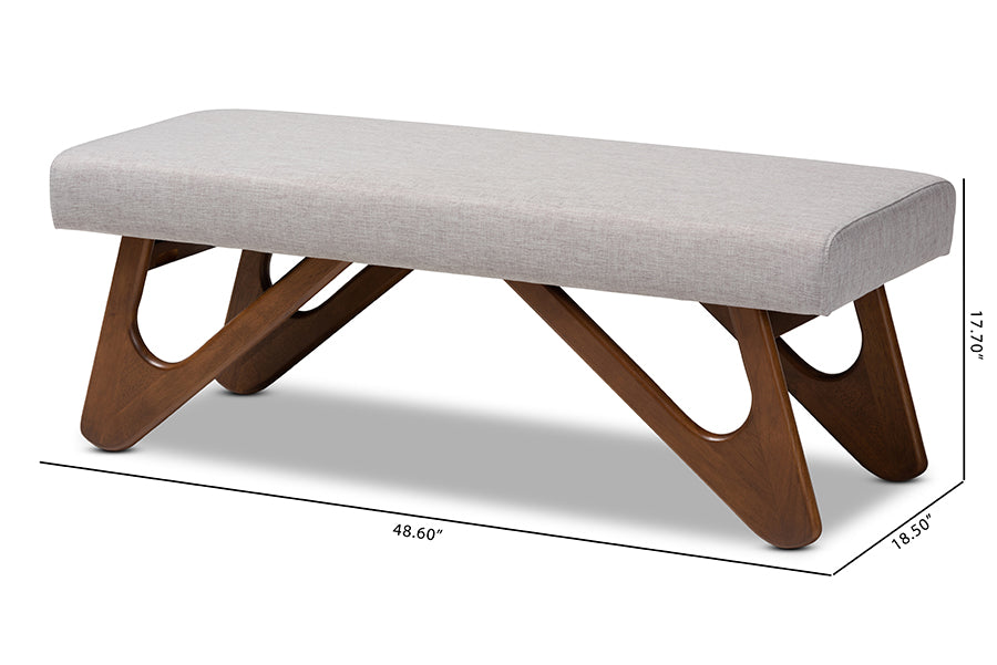 Baxton Studio Rika Mid-Century Modern Greyish Beige Fabric Upholstered Walnut Brown Finished Boomerang Bench