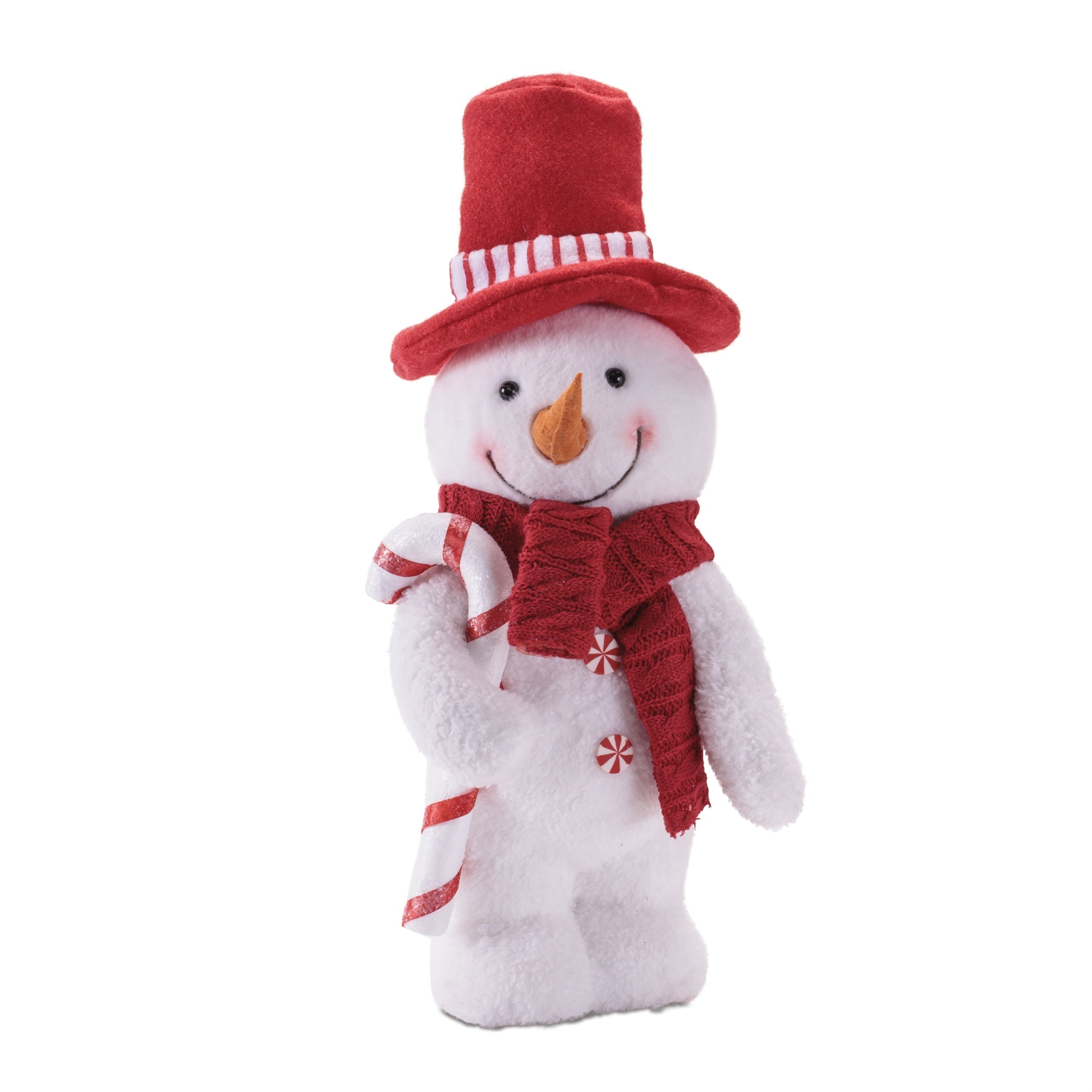 Plush Snowman Figurine with Candy Cane and Red Hat