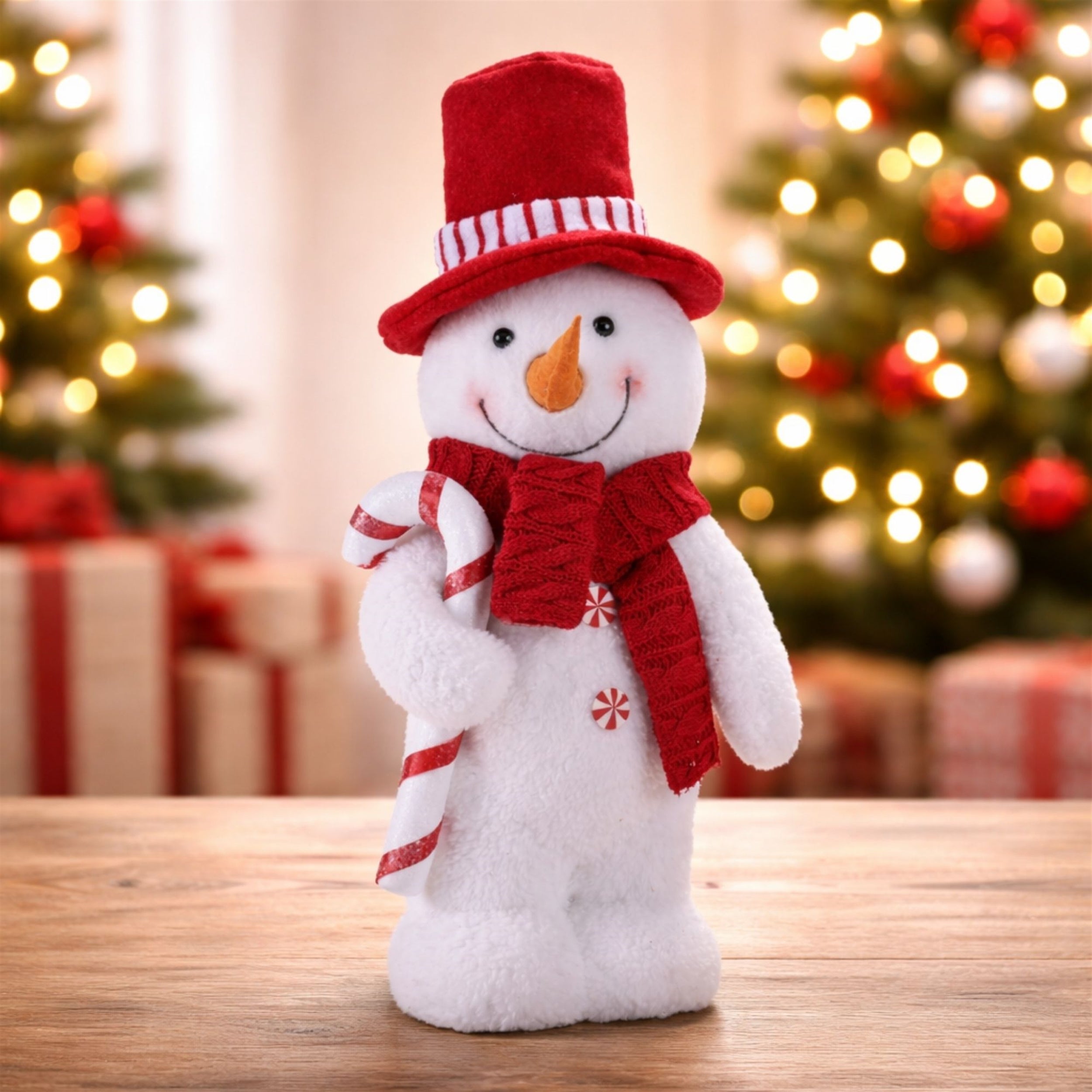 Plush Snowman Figurine with Candy Cane and Red Hat