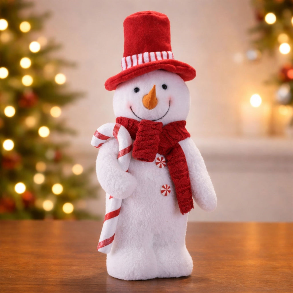 Plush Snowman Figurine with Candy Cane and Red Hat