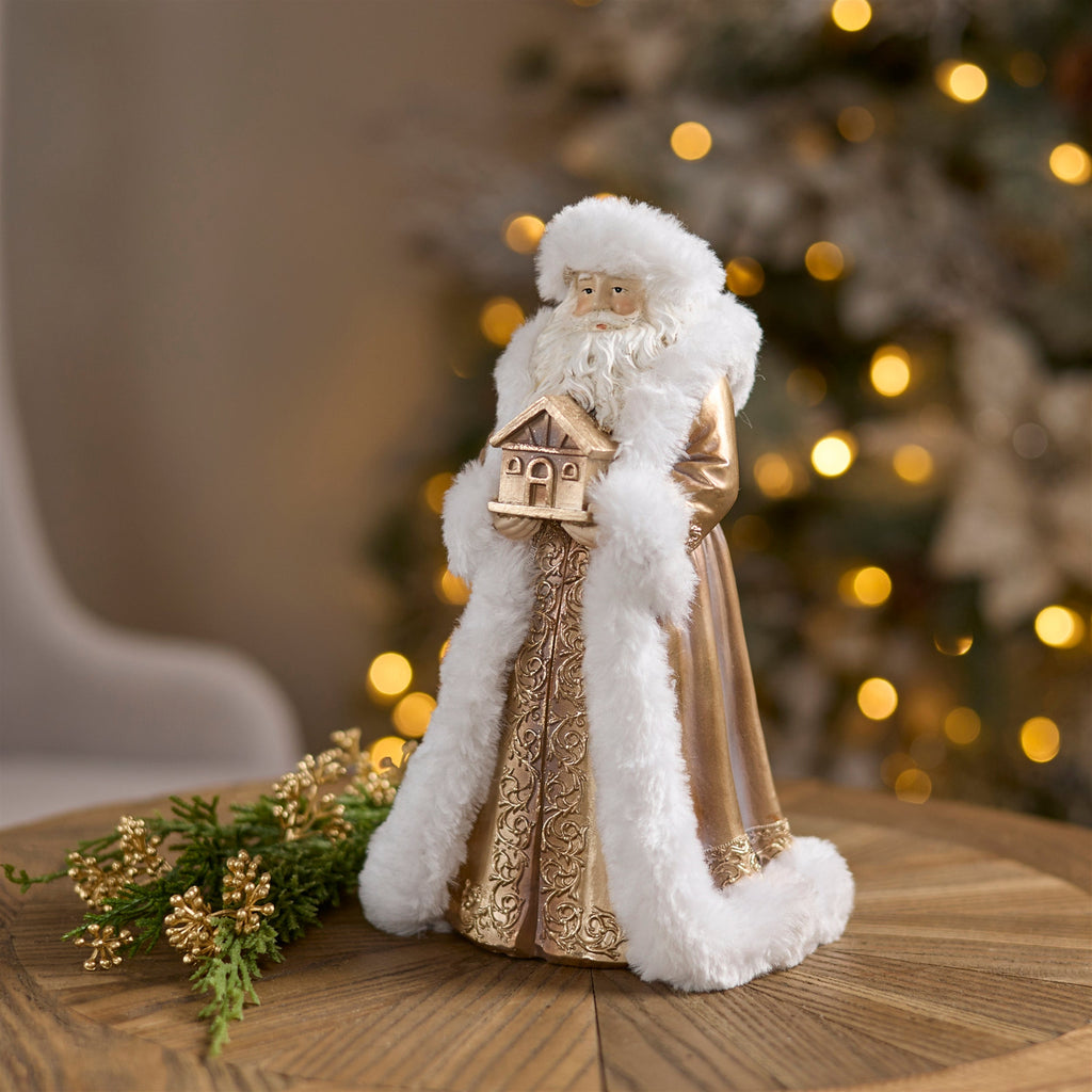 Santa Figurines with House in Gold and White (Set of 2)