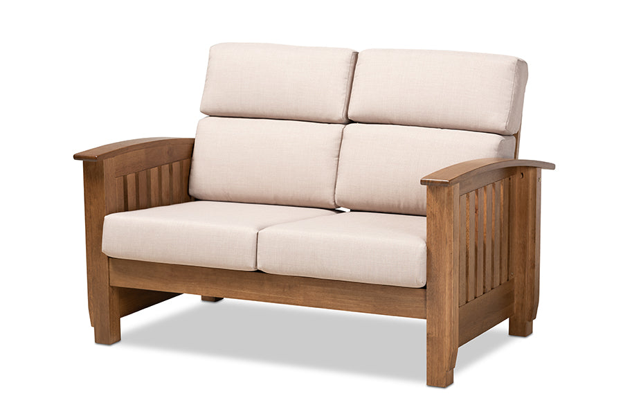 Baxton Studio Charlotte Modern Classic Mission Style Taupe Fabric Upholstered Walnut Brown Finished Wood 2-Seater Loveseat