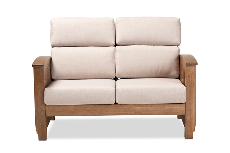 Baxton Studio Charlotte Modern Classic Mission Style Taupe Fabric Upholstered Walnut Brown Finished Wood 2-Seater Loveseat