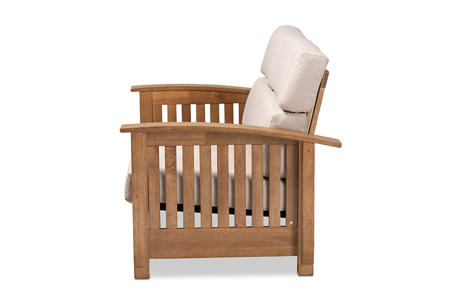Baxton Studio Charlotte Modern Classic Mission Style Taupe Fabric Upholstered Walnut Brown Finished Wood 2-Seater Loveseat
