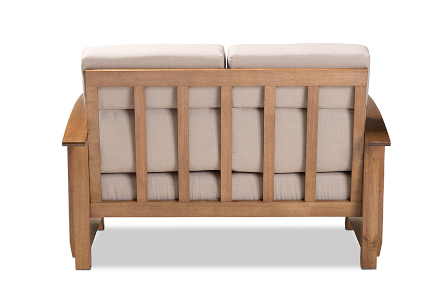 Baxton Studio Charlotte Modern Classic Mission Style Taupe Fabric Upholstered Walnut Brown Finished Wood 2-Seater Loveseat