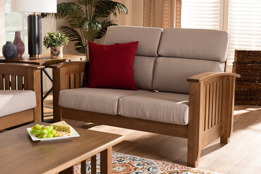 Baxton Studio Charlotte Modern Classic Mission Style Taupe Fabric Upholstered Walnut Brown Finished Wood 2-Seater Loveseat