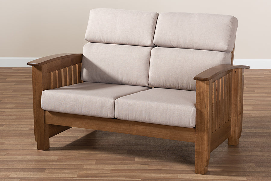 Baxton Studio Charlotte Modern Classic Mission Style Taupe Fabric Upholstered Walnut Brown Finished Wood 2-Seater Loveseat