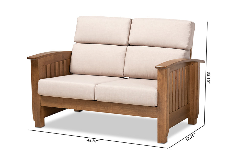 Baxton Studio Charlotte Modern Classic Mission Style Taupe Fabric Upholstered Walnut Brown Finished Wood 2-Seater Loveseat