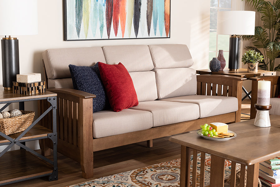 Baxton Studio Charlotte Modern Classic Mission Style Taupe Fabric Upholstered Walnut Brown Finished Wood 3-Seater Sofa