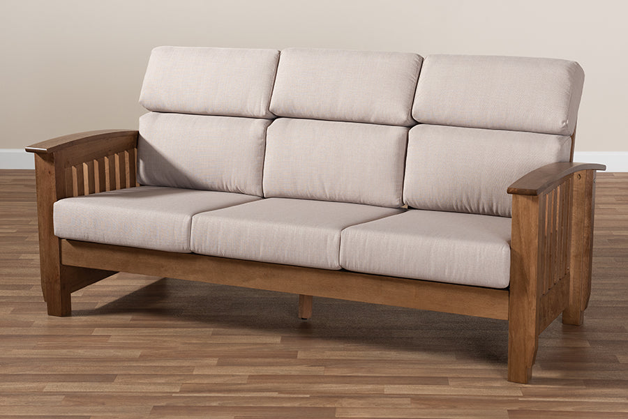 Baxton Studio Charlotte Modern Classic Mission Style Taupe Fabric Upholstered Walnut Brown Finished Wood 3-Seater Sofa